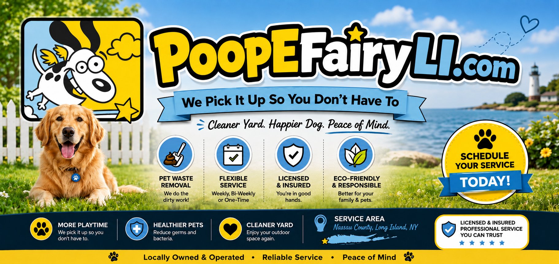 Poop E Fairy Long Island New York — We pick it up so you don't have to. Cleaner yard, happier dog, peace of mind. South Shore Nassau County, NY.